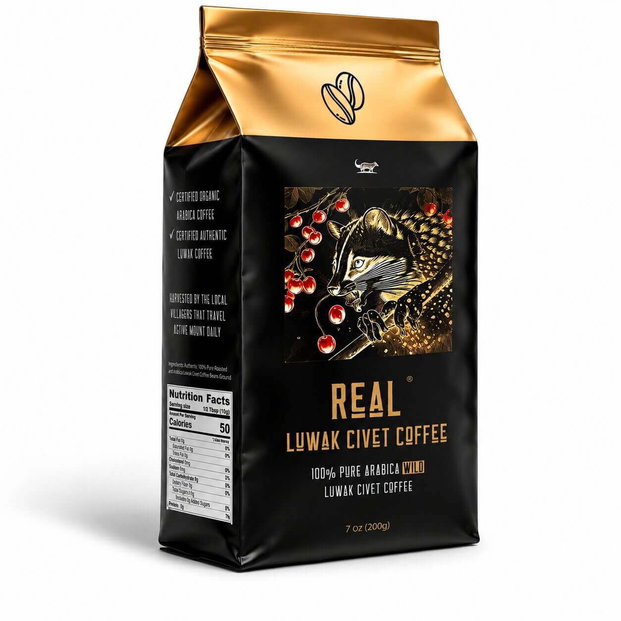 Gold and black coffee bag with a civet illustration on a white background