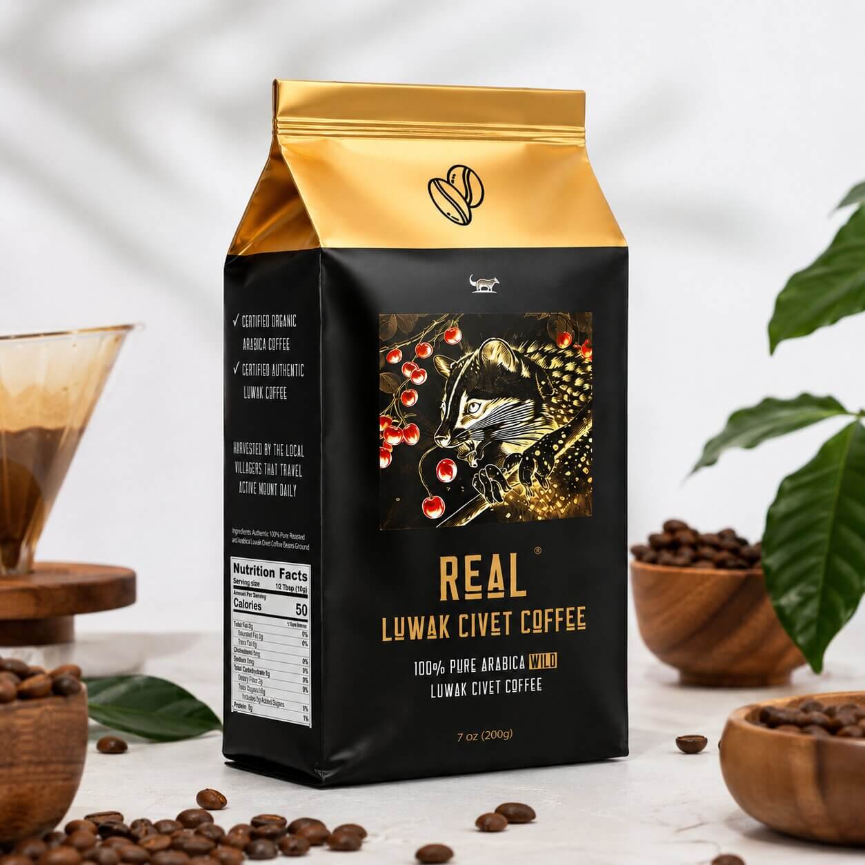 Gold and black coffee bag labeled 'Real Luwak Civet Coffee' with coffee beans around on a light background