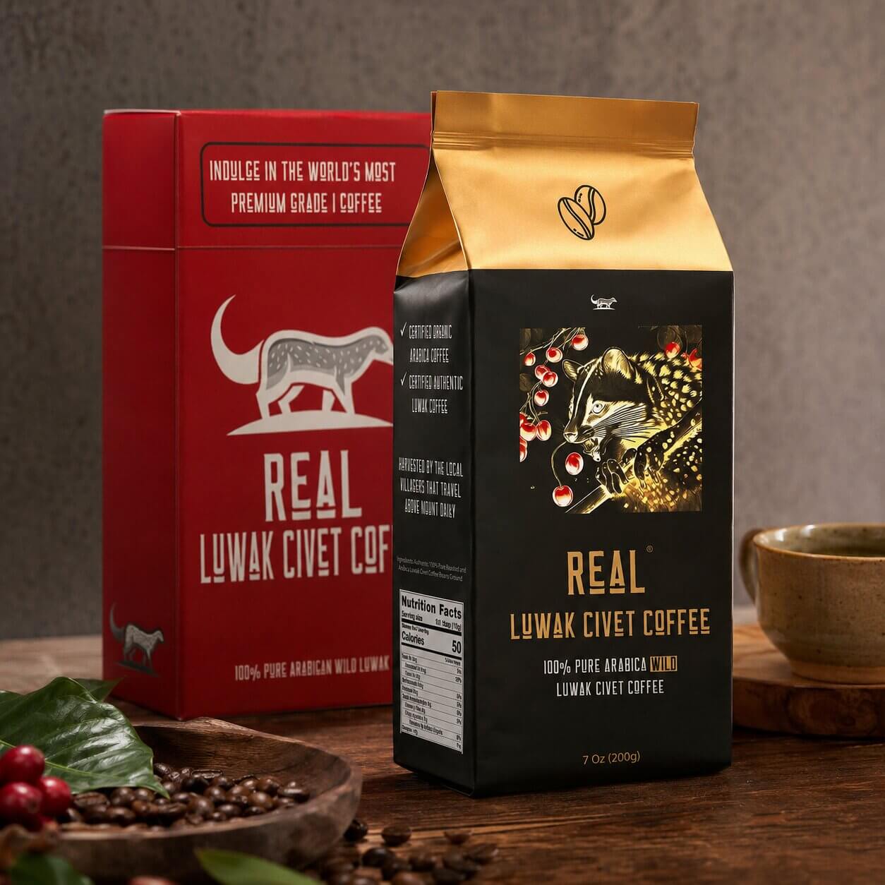 Two coffee packages labeled 'Real Luwak Civet Coffee' on a wooden surface with coffee beans and a cup.